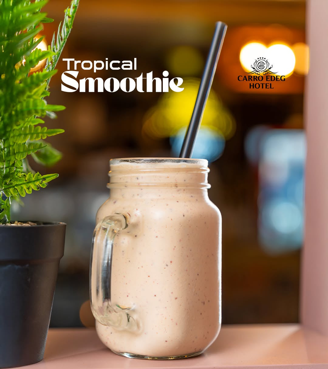 A glass mason jar with a handle filled with a light beige tropical smoothie and a black straw, set on a shelf next to a potted fern. The image includes text overlays for 'Tropical Smoothie' and the 'Carro Edeg Hotel'.
