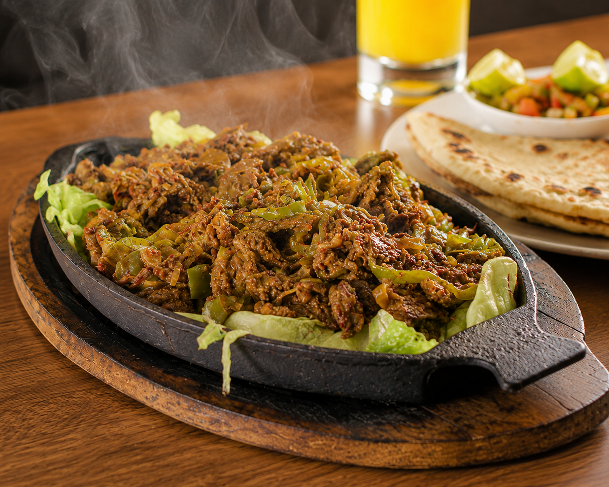 A sizzling black cast-iron skillet filled with seasoned meat and green peppers on a wooden board, served with lettuce and plate with tortillas.